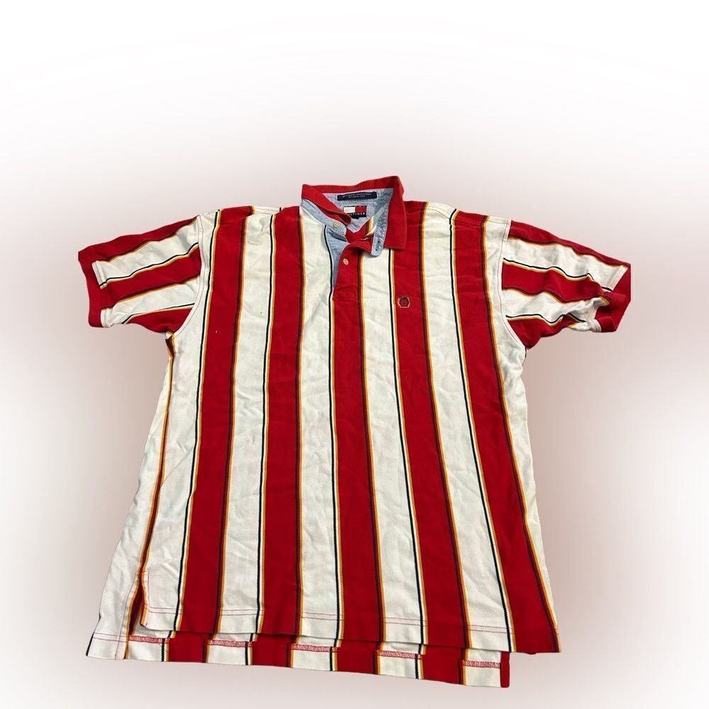 Tommy Hilfiger Red and White Vertical Striped 90s Crest Logo Polo Shirt